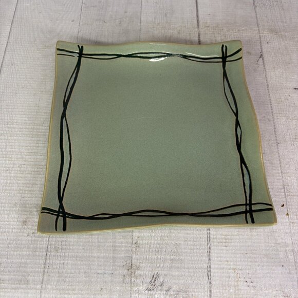Set of 3 STUDIO NOVA Mystic Cove Green Fish Square Plates  Studio Nova MYSTIC COVE GREEN Wavy Lines Square Stoneware 8\